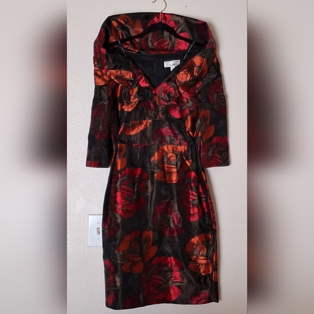 Chetta B Off Shoulder Shawl Collar Dress, Floral, Size 14